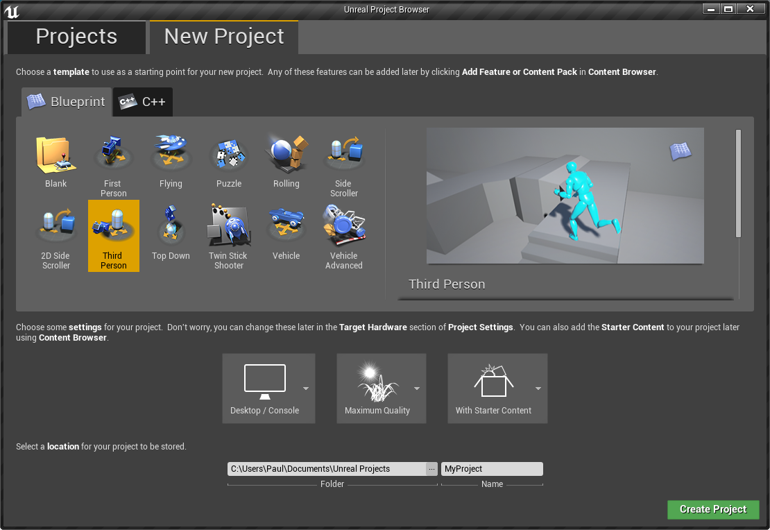 Project creation UI.